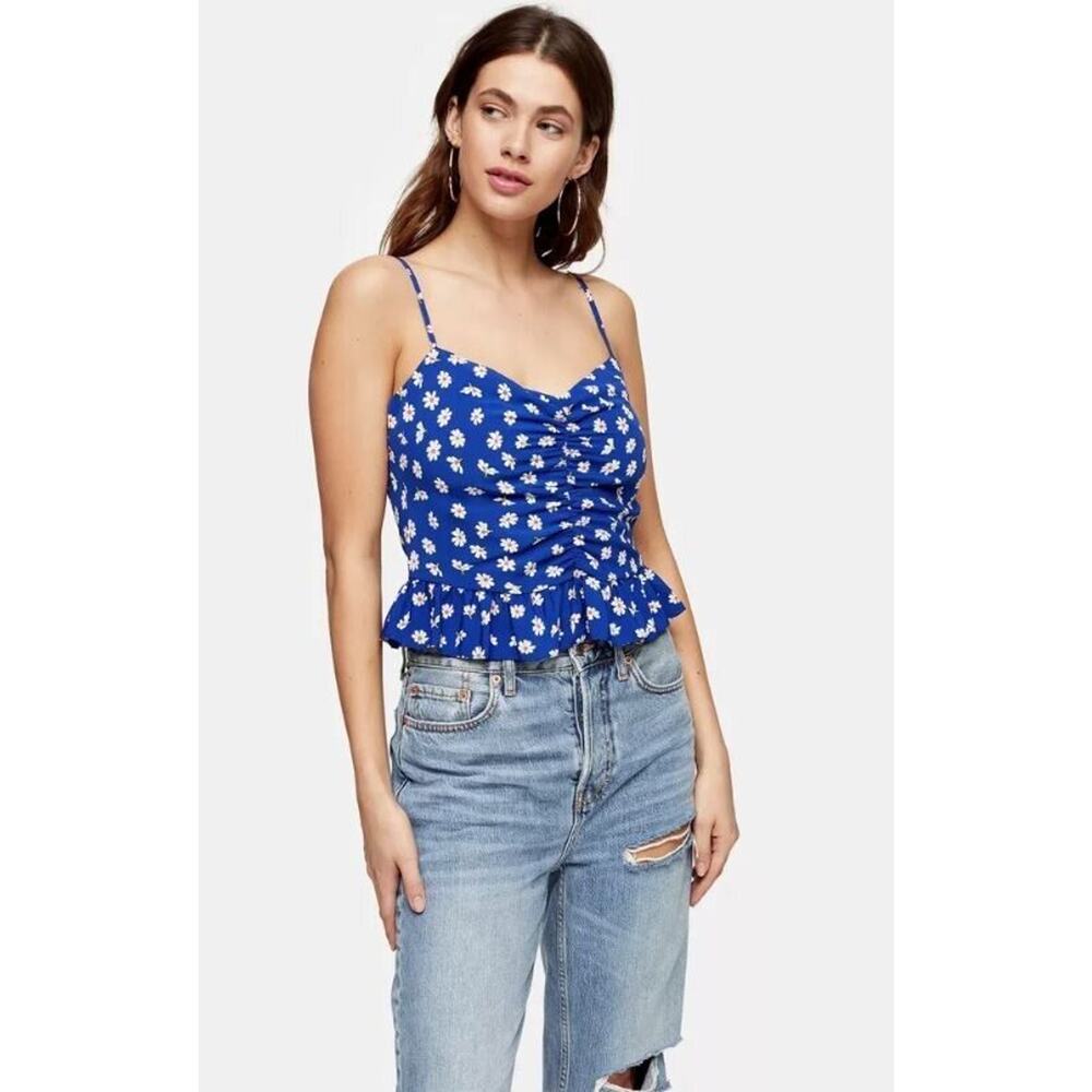 Topshop Women's Floral Print Ruched Peplum Camisole in Blue Size 8 MSRP $35
